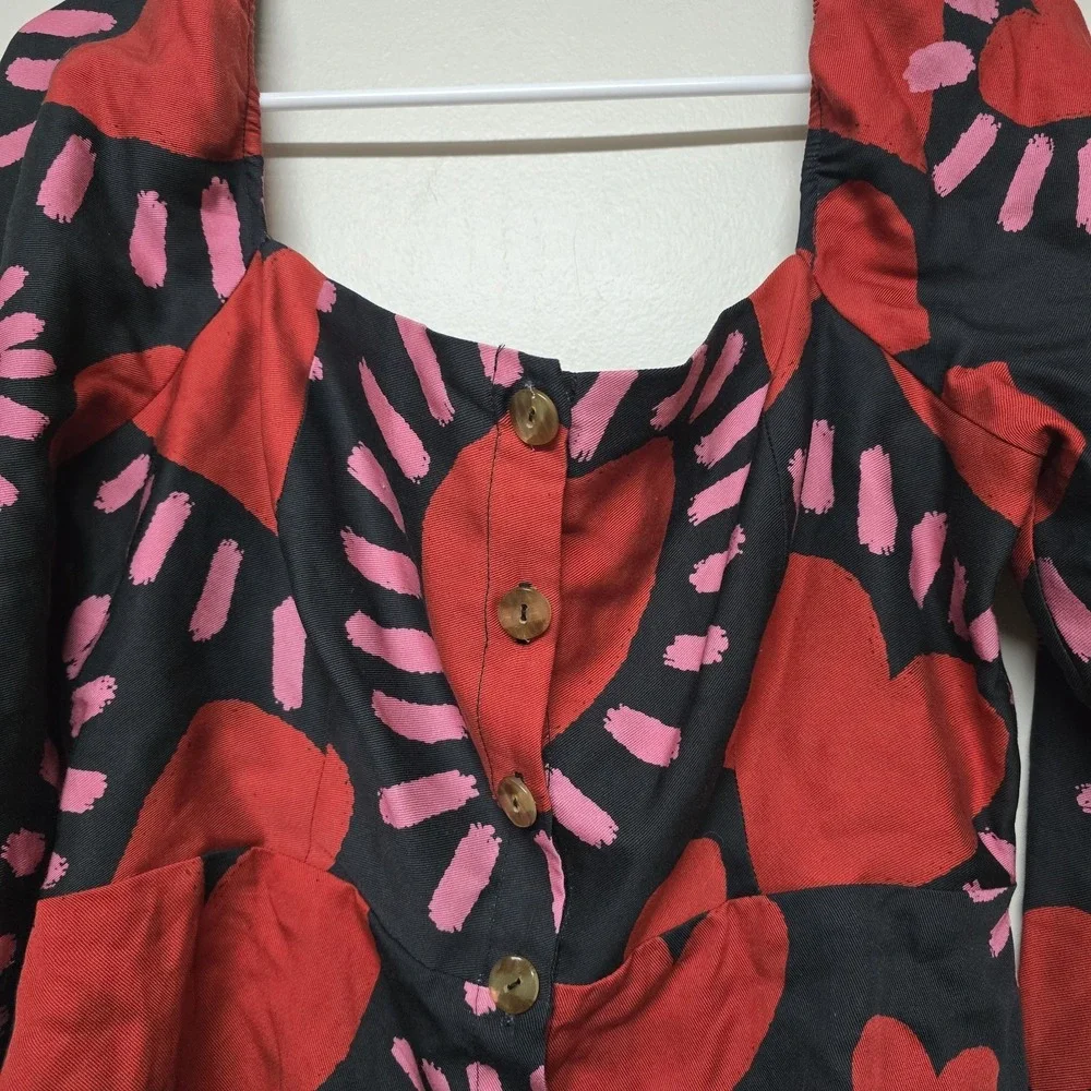 Farm Rio Long Sleeve Hearts Blouse Buttons Red Cropped Square‎ Neck Sz M NWT